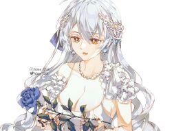 1girl aristia_la_monique blue_flower blue_ribbon blue_rose dress earrings flower hair_ribbon hands_up highres hime7255 jewelry light_blush long_hair necklace open_mouth ribbon rose surprised the_abandoned_empress tiara very_long_hair white_dress white_flower white_hair white_ribbon yellow_eyes