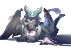 Rule 34 | 1girl, :3, absurdres, black claws, black shirt, blue hair, blue skin, breasts, claws, cleavage, closed mouth, colored skin, completely nude, covered erect nipples, dragon wings, fangs, glowing, glowing eyes, highres, horns, lion tail, looking at viewer, lunastra, lying, medium breasts, miao jiangyou, monster girl, monster hunter (series), nude, on stomach, pawpads, personification, pointy ears, ribbon, scales, shirt, smile, solo, tail, white background, wings, wrist ribbon, yellow eyes