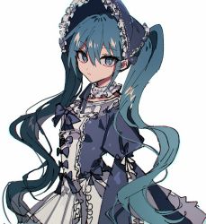 Rule 34 | 1girl, blue bow, blue dress, blue eyes, blue hair, blue headwear, bonnet, bow, closed mouth, danjou sora, dress, gothic lolita, hair between eyes, hatsune miku, juliet sleeves, lolita fashion, long hair, long sleeves, looking at viewer, puffy sleeves, sidelocks, simple background, solo, twintails, v-shaped eyebrows, very long hair, vocaloid, white background, wide sleeves