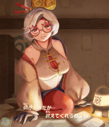 Rule 34 | 1girl, absurdres, bare shoulders, black gloves, book, breasts, cleavage, glasses, gloves, highres, indoors, kneeling, large breasts, looking at viewer, nintendo, open book, parted lips, purah, red-framed eyewear, round eyewear, see-through, see-through cleavage, short hair, solo, the legend of zelda, the legend of zelda: tears of the kingdom, translation request, white hair, yutayara