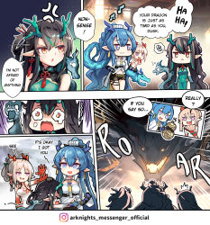 Rule 34 | 3girls, 3others, anger vein, arknights, black hair, blue hair, china dress, chinese clothes, crying, crying with eyes open, dragon, dragon girl, dragon horns, dragon tail, dress, dusk (arknights), dusk (everything is a miracle) (arknights), highres, hm (hmongt), horns, hug, ling (arknights), long hair, multiple girls, multiple others, necktie, nian (arknights), nian (unfettered freedom) (arknights), official art, scared, siblings, sisters, sound effects, speech bubble, tail, tears, white eyes, white hair, yostar