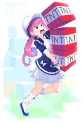 Rule 34 | 1girl, absurdres, blue dress, blue footwear, bow, bowtie, braid, breasts, cleavage, commentary, construction worker, d:, dress, drill hair, english commentary, explosive, falling, hard hat, helmet, highres, hololive, minato aqua, minato aqua (sailor), minecraft, multicolored hair, open mouth, pink eyes, pink hair, puffy short sleeves, puffy sleeves, round teeth, shoes, short sleeves, signature, small breasts, solo, streaked hair, tears, teeth, tnt, tnt block (minecraft), twin drills, twintails, upper teeth only, virtual youtuber, white bow, white bowtie, white headwear, wristband, yoako