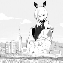 Rule 34 | 1girl, adapted costume, blunt bangs, breasts, bright pupils, building, cevio, cityscape, cleavage, closed mouth, coat partially removed, commentary request, day, furrowed brow, giant, giantess, greyscale, hair over shoulder, hands on lap, hatching (texture), highres, hood, hood down, hooded coat, kafu (cevio), kamitsubaki studio, leotard, long hair, long sleeves, looking to the side, low twintails, mechanical ears, miminushi, monochrome, outdoors, overpass, pantyhose, playboy bunny, seiza, sitting, skyscraper, small breasts, solo, strapless, strapless leotard, twintails