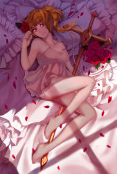 Rule 34 | 1girl, aneater, barefoot, blonde hair, chemise, cross, flandre scarlet, flower, frilled pillow, frills, full body, looking at viewer, lying, no headwear, no headwear, no wings, off shoulder, on back, on bed, petals, pillow, red eyes, red rose, rose, short hair, side ponytail, sleeveless, smile, solo, strap slip, touhou