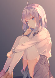 Rule 34 | 1girl, :o, absurdres, ahoge, azur lane, black ribbon, black skirt, blue eyes, blush, breasts, brown footwear, collared shirt, dress shirt, finger to mouth, gradient background, grey background, highres, knees up, light, loafers, long hair, long sleeves, medium breasts, miniskirt, neck ribbon, open mouth, pleated skirt, ribbon, shirt, shoes, silver hair, sitting, skindentation, skirt, solo, thighhighs, unicorn (azur lane), white shirt, white thighhighs, wing collar, zuu (qq770463651)