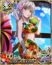 Rule 34 | 1girl, bikini, blue bow, bow, braid, breasts, card (medium), chess piece, coconut, coconut cup, cup, drinking straw, female focus, flower, grayfia lucifuge, grey eyes, grey hair, hair bow, hair flower, hair ornament, high school dxd, jewelry, large breasts, long hair, matching hair/eyes, mature female, navel, official art, pink flower, print bikini, queen (chess), sarong, solo, swimsuit, twin braids