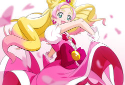 Rule 34 | 1girl, :d, blonde hair, bow, bowtie, cherry blossoms, cowboy shot, cure flora, dress, earrings, floating hair, fuchi (nightmare), gloves, go! princess precure, gradient hair, green eyes, jewelry, long hair, looking at viewer, multicolored hair, open mouth, parted bangs, pink dress, pink hair, precure, red bow, red bowtie, short sleeves, skirt hold, smile, solo, standing, very long hair, white background, white gloves