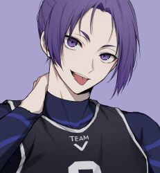 Rule 34 | 1boy, blue lock, bodysuit, commentary request, hand on own neck, highres, long sleeves, looking at viewer, male focus, mikage reo, moco (1553561764583079936), purple background, purple eyes, purple hair, simple background, soccer uniform, solo, sportswear, teeth, tongue, tongue out, upper teeth only