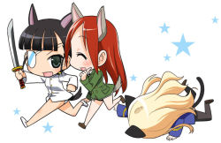 Rule 34 | 3girls, animal ears, chibi, footprints, igaiga, minna-dietlinde wilcke, multiple girls, pantyhose, perrine h. clostermann, sakamoto mio, star (symbol), strike witches, sword, tail, weapon, world witches series