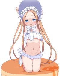 Rule 34 | 1girl, abigail williams (fate), abigail williams (swimsuit foreigner) (fate), abigail williams (swimsuit foreigner) (third ascension) (fate), armpits, arms up, bikini, blonde hair, blue eyes, bonnet, bow, bubukka, closed mouth, commentary, fate/grand order, fate (series), flat chest, kneeling, looking at viewer, navel, simple background, smile, solo, stomach, swimsuit, white background, white bikini, white bow, white headwear