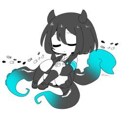Rule 34 | 1girl, armband, bandage on knee, black hair, blazer, blue armband, chibi, closed eyes, collared shirt, commentary request, artistic error, extra eyes, fang, full body, gauze, greyscale, horns, hugging own legs, indie virtual youtuber, jacket, kneehighs, knees up, long hair, looking at viewer, low twintails, mismatched pupils, mojibake commentary, monochrome, monster girl, open mouth, pleated skirt, ringed eyes, school of fish, school uniform, shirt, shoes, skin fang, skirt, smile, socks, solo, spot color, stitched neck, stitches, tentacles, thumbnail surprise, transparent background, tsukko (3ki2ne10), twintails, twitter username, virtual youtuber, white background, white eyes, yamata ia