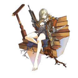 Rule 34 | 1girl, armor, assault rifle, barefoot, bayonet, blonde hair, blue eyes, breasts, bullpup, cape, cleavage, cleavage cutout, closed mouth, clothing cutout, costume, damaged, famas, famas (girls&#039; frontline), famas (guns n&#039; side boxes) (girls&#039; frontline), full body, girls&#039; frontline, gloves, grey gloves, gun, hair between eyes, halloween, halloween costume, holding, holding gun, holding knife, holding weapon, jacket, knife, ky (nimbusky), logo, long hair, long sleeves, looking to the side, official alternate costume, official art, orange jacket, revealing clothes, rifle, sitting, solo, stairs, torn cape, torn clothes, torn legwear, transparent background, very long hair, weapon