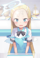 Rule 34 | 1girl, apron, big forehead, black bow, blonde hair, blue apron, blue archive, blue eyes, blurry, blurry background, blush, body writing, bow, collared shirt, commentary request, depth of field, fang, forehead, forehead writing, highres, long hair, looking at viewer, newey, open mouth, shirt, short sleeves, solo, sora (blue archive), strap slip, striped, striped bow, tears, tic-tac-toe, two side up, upper body, very long hair, wavy hair, white shirt