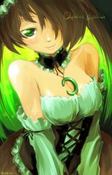 Rule 34 | 1girl, bare shoulders, breasts, brown hair, cleavage, detached sleeves, dress, green eyes, green hair, hair over one eye, highres, jewelry, large breasts, matching hair/eyes, mushroom, necklace, omphalotus guepiniformis, omphalotus japonicus, original, oso-teki kinoko gijinka zukan, oso (toolate), personification, smile, solo