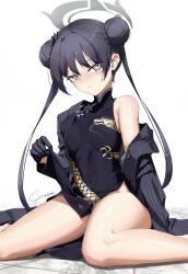 Rule 34 | 1girl, absurdres, bare shoulders, black gloves, black hair, blue archive, blush, braid, breasts, china dress, chinese clothes, clothes lift, commentary, covered navel, double bun, dragon print, dress, dress lift, gloves, grey eyes, hair bun, hair ornament, halo, highres, kisaki (blue archive), lifting own clothes, long hair, looking at viewer, medium breasts, off shoulder, sitting, small breasts, solo, thighs, twintails, wariza, yo na