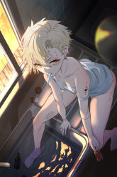 Rule 34 | 1girl, akiaki aki, bare shoulders, blonde hair, cigarette, feet in water, food, food in mouth, from above, highres, kitchen, looking at viewer, no shoes, orange eyes, original, piercing, popsicle, short hair, sink, sitting, solo, sunset, tattoo