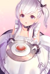 Rule 34 | 1girl, aged down, apron, azur lane, belfast (azur lane), braid, chain, chestnut mouth, collar, commentary request, corset, cup, dolce (dolsuke), french braid, frilled apron, frilled gloves, frills, gloves, holding, holding tray, looking at viewer, maid, maid apron, maid headdress, plate, silver hair, teacup, tray, white apron, white gloves