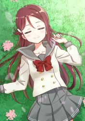 Rule 34 | 1girl, absurdres, blush, bow, buttons, closed eyes, collarbone, deadnooodles, double-breasted, facing viewer, flower, grass, grey skirt, hair ornament, hairclip, highres, long hair, long sleeves, love live!, love live! sunshine!!, lying, on grass, pleated skirt, red bow, red hair, sakurauchi riko, school uniform, serafuku, skirt, smile, solo, upper body, uranohoshi school uniform