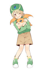 Rule 34 | 1girl, blue eyes, brown eyes, brown shorts, brown socks, cosplay, creature, crossover, digimon, digimon (creature), full body, green footwear, green headwear, green shirt, hat, holding, holding creature, holding digimon, hug, idolmaster, idolmaster cinderella girls, light brown hair, long hair, long sleeves, morikubo nono, one eye closed, patamon, revision, ringlets, shirt, shoes, shorts, simple background, socks, standing, takaishi takeru, takaishi takeru (cosplay), uccow, white background