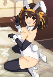 Rule 34 | 1girl, alternate costume, animal ears, ass, bed, bedroom, black gloves, black thighhighs, bow, bowtie, breasts, brown eyes, brown hair, cleavage, commentary request, detached collar, elbow gloves, fake animal ears, fake tail, from side, gloves, grin, hair ribbon, hairband, haruhisky, high heels, highres, indoors, large breasts, leotard, medium hair, on bed, playboy bunny, rabbit ears, rabbit tail, ribbon, sitting, smile, solo, strapless, strapless leotard, suzumiya haruhi, suzumiya haruhi no yuuutsu, tail, thighhighs, v, white bow, white bowtie, white footwear, white leotard, white wrist cuffs, wrist cuffs, yellow hairband, yellow ribbon