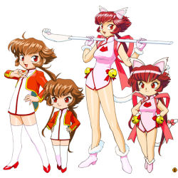 Rule 34 | 1990s (style), 1girl, animal ears, animal print, bare legs, bell, boots, brown hair, carrying over shoulder, cat ears, cat print, cat tail, chibi, china dress, chinese clothes, chuu kana janshi tenhoo pai nyan, dress, dual persona, fur trim, hand on own hip, hands on own hips, high heels, holding, holding weapon, long hair, long sleeves, multiple views, official art, open mouth, paw stick, pink footwear, polearm, ponytail, pumps, red eyes, red footwear, red hair, retro artstyle, ribbon, simple background, smile, sonoda ken&#039;ichi, standing, tail, tail ornament, tail ribbon, tenhou pai-nyan, thighhighs, v, w arms, weapon, white background, white thighhighs