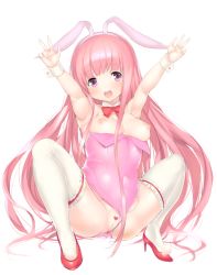Rule 34 | 10s, 1girl, alternate breast size, animal ears, armpits, arms up, bad id, bad nijie id, blush, breasts, censored, cleft of venus, clothing aside, covered navel, double v, fake animal ears, hairband, hakamada hinata, happy, heart, heart censor, high heels, highres, lace, lace-trimmed legwear, lace trim, leotard, leotard aside, long hair, looking at viewer, medium breasts, nipples, pe (nijie), pink eyes, pink hair, playboy bunny, pussy, rabbit ears, red footwear, rou-kyuu-bu!, shoes, simple background, smile, solo, squatting, thighhighs, v, very long hair, white background, wrist cuffs
