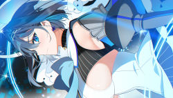 Rule 34 | 1girl, black hair, blue eyes, bow, bow earrings, breasts, chain, detached sleeves, earrings, hair intakes, halo, hololive, hololive english, jewelry, kurot, large breasts, mechanical halo, ouro kronii, profile, sideboob, veil, virtual youtuber