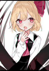 Rule 34 | 1girl, absurdres, ascot, black skirt, black vest, blonde hair, collared shirt, commentary request, fang, highres, long sleeves, looking at viewer, nail polish, open mouth, red ascot, red eyes, red nails, rumia, shirt, short hair, simple background, skirt, skirt set, solo, touhou, vest, white background, white shirt, yumeno ruruka