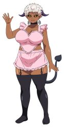 Rule 34 | 1girl, alpha transparency, apron, black choker, black tail, black thighhighs, breasts, brown sclera, choker, cleavage, collarbone, colored sclera, dark skin, demon tail, elf-san wa yaserarenai., fang, full body, garter straps, heart apron, highres, horizontal pupils, horns, huge breasts, looking at viewer, naked apron, no shoes, open hands, open mouth, pentagram, pentagram earrings, pink apron, purple horns, satero (elf-san wa yaserarenai.), short hair, simple background, solo, standing, synecdoche, tail, thick thighs, thighhighs, thighs, transparent background, white hair, yellow eyes