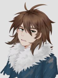 Rule 34 | 1boy, antenna hair, blue jacket, brown hair, chinese commentary, commentary request, eyes visible through hair, fur-trimmed jacket, fur trim, green eyes, grey background, hair between eyes, highres, isoi reiji, jacket, medium hair, nose, open mouth, portrait, saibou shinkyoku, simple background, solo, teeth, thick eyebrows, upper teeth only, zhouhanzhenshuai