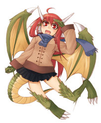 Rule 34 | 1girl, :d, ahoge, animal ears, bad id, bad pixiv id, blue scarf, dragon ears, dragon girl, dragon tail, dragon wings, fang, full body, horns, lesskiss, long hair, monster girl, open mouth, red eyes, red hair, scarf, simple background, smile, solo, tail, white background, wings