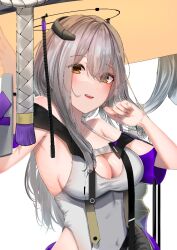 Rule 34 | 1girl, arm up, bare shoulders, breasts, brown eyes, cleavage, covered navel, cup, eix2, goddess of victory: nikke, grey hair, hair between eyes, hair ornament, hairpin, hand up, hat, holding, holding cup, jingasa, large breasts, leotard, long hair, looking at viewer, open mouth, scarlet (nikke), simple background, smile, solo, standing, upper body, white background, white leotard