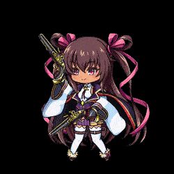 Rule 34 | 1girl, absurdly long hair, adapted costume, alternate costume, animated, animated gif, bare shoulders, breasts, brown hair, chibi, collaboration, dark-skinned female, dark skin, fingerless gloves, gloves, gun, hair ribbon, japanese clothes, lilith-soft, long hair, looking to the side, lowres, miniskirt, mist train girls, mizuki yukikaze, official alternate costume, official art, one-piece tan, pink eyes, ribbon, shiny skin, skirt, small breasts, solo, standing, taimanin (series), taimanin yukikaze, tan, tanline, thighhighs, transparent background, twintails, underwear, very long hair, weapon, wide hips