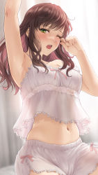 Rule 34 | 1girl, arm up, armpits, breasts, brown hair, commentary request, curtains, green eyes, highres, indoors, lingerie, medium breasts, messy hair, midriff, navel, negligee, one eye closed, open mouth, original, sleepwear, solo, teeth, underwear, upper teeth only, wavy hair, white negligee, yawning, yukino cg