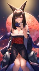Rule 34 | 1girl, absurdres, amagi (azur lane), animal ears, azur lane, bare shoulders, blue scarf, breasts, brown hair, cleavage, fur trim, hair ornament, hand to own mouth, highres, huge filesize, japanese clothes, kimono, large breasts, lordol, off shoulder, oil-paper umbrella, purple eyes, red sash, sash, scarf, solo, umbrella, wide sleeves