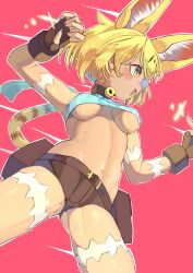 Rule 34 | 1girl, \m/, absurdres, animal ears, bare shoulders, belt, belt pouch, black choker, black gloves, black leggings, blonde hair, blue shirt, blush, breasts, brown belt, cat ears, cat tail, choker, commentary, cosplay, cowboy shot, crop top, detached leggings, extra ears, fingerless gloves, fingernails, gloves, gradient background, hair between eyes, highres, kemono friends, large breasts, leggings, looking at viewer, ms. fortune (skullgirls), ms. fortune (skullgirls) (cosplay), open mouth, osnmykk, pink background, pink nails, pouch, red background, scar, serval (kemono friends), sharp fingernails, shirt, short hair, short shorts, shorts, simple background, skindentation, skullgirls, sleeveless, sleeveless shirt, slit pupils, solo, tail, underboob, v-shaped eyebrows, yellow eyes