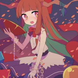 Rule 34 | 1girl, blue ribbon, blunt bangs, bow, bowtie, brown eyes, brown hair, busujima (kusahana), chain, colored inner hair, cup, fang, gradient background, hair bow, horn ornament, horn ribbon, horns, ibuki suika, long hair, looking at viewer, multicolored hair, oni horns, open mouth, purple skirt, red bow, red bowtie, ribbon, sakazuki, shirt, skirt, sleeveless, sleeveless shirt, solo, touhou, upper body, white shirt, wrist cuffs