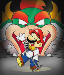 Rule 34 | 2boys, arm up, bow, bowser, bowtie, brown hair, evil grin, evil smile, closed eyes, facial hair, fangs, formal, gloves, grin, hat, highres, horns, mario, mario (series), microphone, multiple boys, music, mustache, nintendo, open mouth, red eyes, red hair, singing, smile, spikes, spotlight, suit, super mario world, white suit