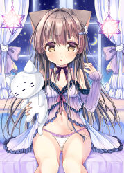 Rule 34 | 1girl, :o, absurdres, animal ear fluff, animal ears, babydoll, bare shoulders, blush, breasts, brown eyes, brown hair, cameltoe, cat ears, collarbone, commentary request, crescent, curtains, feet out of frame, fish hair ornament, gluteal fold, hair between eyes, hair ornament, highres, holding, holding stuffed toy, lingerie, long sleeves, looking at viewer, navel, neko pan, original, panties, parted lips, see-through, see-through sleeves, sitting, sleeves past wrists, small breasts, solo, stuffed animal, stuffed cat, stuffed toy, underwear, underwear only, white panties, window