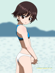 Rule 34 | 1girl, ass, blue sports bra, blush, breasts, brown eyes, brown hair, girls und panzer, highres, isobe noriko, looking at viewer, naotosi, open mouth, outdoors, panties, short hair, small breasts, solo, sports bra, underwear, white panties