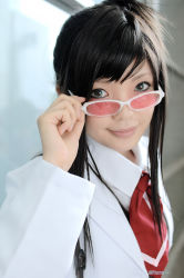 Rule 34 | 1girl, ace attorney, apollo justice ace attorney, asian, black hair, blue eyes, capcom, color contacts, cosplay, ema skye, ema skye (cosplay), lab coat, long hair, looking at viewer, namada, outdoors, photo (medium), solo, sunglasses, vest