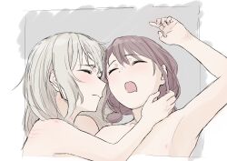 Rule 34 | 2girls, closed eyes, closed mouth, commentary, cuddling, girls band cry, hand on another&#039;s neck, hashtag-only commentary, hickey, highres, iseri nina, kawaragi momoka, light brown hair, long hair, minasokoshizumu, multiple girls, nude, open mouth, red hair, scratches, short twintails, sleeping, twintails, upper body, yuri