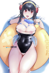 Rule 34 | 1girl, black hair, black one-piece swimsuit, breasts, covered navel, flower, food, gris swimsuit, hair flower, hair ornament, hairband, highres, hot vr, innertube, large breasts, long hair, looking at viewer, meme attire, nipples, one-piece swimsuit, open mouth, partially submerged, pixiv username, popsicle, red eyes, see-through, solo, spy x family, swim ring, swimsuit, thighs, uncensored, water, yellow hairband, yor briar