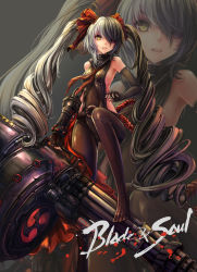 Rule 34 | 10s, 1girl, absurdres, belt, black gloves, blade &amp; soul, breasts, brown eyes, collar, copyright name, curly hair, drill hair, elbow gloves, ensinn, eyepatch, feet, fingerless gloves, gatling gun, gauntlets, gloves, grey hair, gun, hair over one eye, highres, leather, leather pants, leotard, long hair, looking at viewer, multicolored hair, open mouth, pants, pohwaran, sideboob, sleeveless, solo, split-color hair, standing, standing on one leg, twintails, two-tone hair, weapon, zoom layer