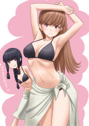 Rule 34 | 2girls, alternate breast size, armpits, arms up, bikini, black bikini, black eyes, black hair, blunt bangs, braid, breasts, brown eyes, brown hair, commentary request, cowboy shot, flat chest, hair over shoulder, hair ribbon, highres, kantai collection, kitakami (kancolle), long hair, medium breasts, multiple girls, ooi (kancolle), pink background, ribbon, sarong, sidelocks, single braid, standing, swimsuit, t2r, translation request, tress ribbon, two-tone background, white sarong