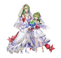 Rule 34 | 2girls, bare shoulders, blue flower, bouquet, breasts, bridal legwear, bridal veil, choker, dragonstone, dress, feather-trimmed dress, feather trim, fire emblem, fire emblem: mystery of the emblem, fire emblem awakening, fire emblem heroes, flower, gesoking, green eyes, green hair, high heels, high ponytail, highres, holding, holding bouquet, looking at viewer, medium breasts, multiple girls, nintendo, official alternate costume, official art, open mouth, pointy ears, ponytail, red scarf, scarf, smile, teeth, tiara, tiki (adult) (bridal) (fire emblem), tiki (adult) (fire emblem), tiki (fire emblem), tiki (young) (bridal) (fire emblem), tiki (young) (fire emblem), veil, white background, white choker, white dress, white footwear