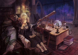 Rule 34 | 1girl, bird, blonde hair, book, book stack, bored, cat, chair, dress, green eyes, hat, hourglass, night, night sky, original, pointy ears, sitting, sky, slippers, socks, solo, star (sky), starry sky, striped clothes, striped legwear, striped socks, table, telescope, window, witch hat, xiezhua (amyoy)