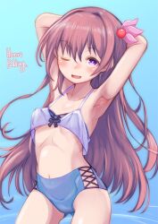 Rule 34 | 1girl, armpits, arms behind head, artist name, bikini, blue background, breasts, brown hair, cowboy shot, gluteal fold, hair ornament, highres, kantai collection, kisaragi (kancolle), long hair, looking at viewer, mismatched bikini, one eye closed, open mouth, puddinghomhom, purple eyes, small breasts, solo, swimsuit