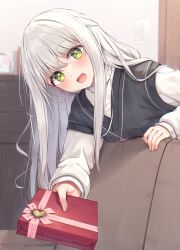 Rule 34 | 1girl, :d, absurdres, blush, couch, gift, green eyes, head tilt, highres, holding, holding gift, indoors, long hair, long sleeves, open mouth, original, smile, solo, sweater vest, tsuchikure, valentine, white hair