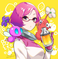 Rule 34 | 1girl, animification, bottle, brittany (pikmin), flower, glasses, grey eyes, highres, ko-on (ningen zoo), looking at viewer, nintendo, pikmin (creature), pikmin (series), pikmin 3, pink hair, pursed lips, red pikmin, upper body, winged pikmin, wings, yellow background
